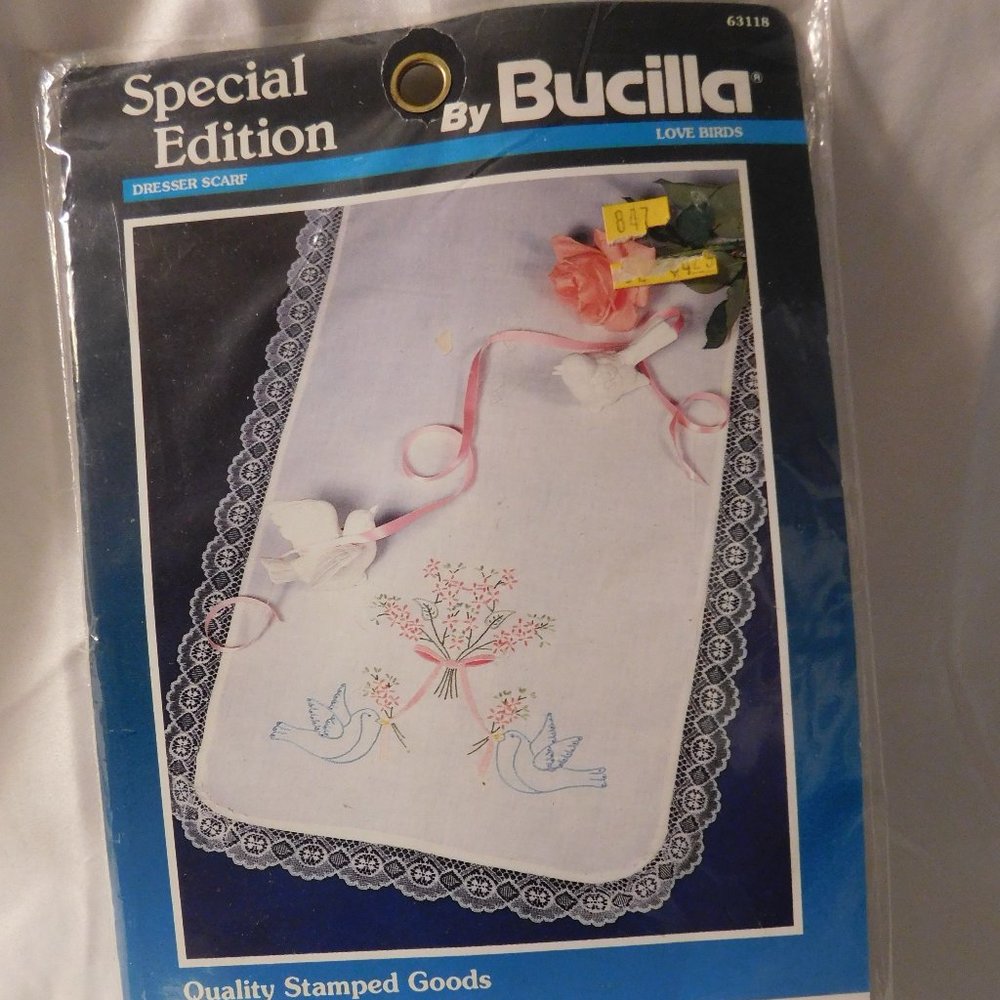 Bucilla Cross Stitch Kit Dresser Scarf Love Birds Special Edition